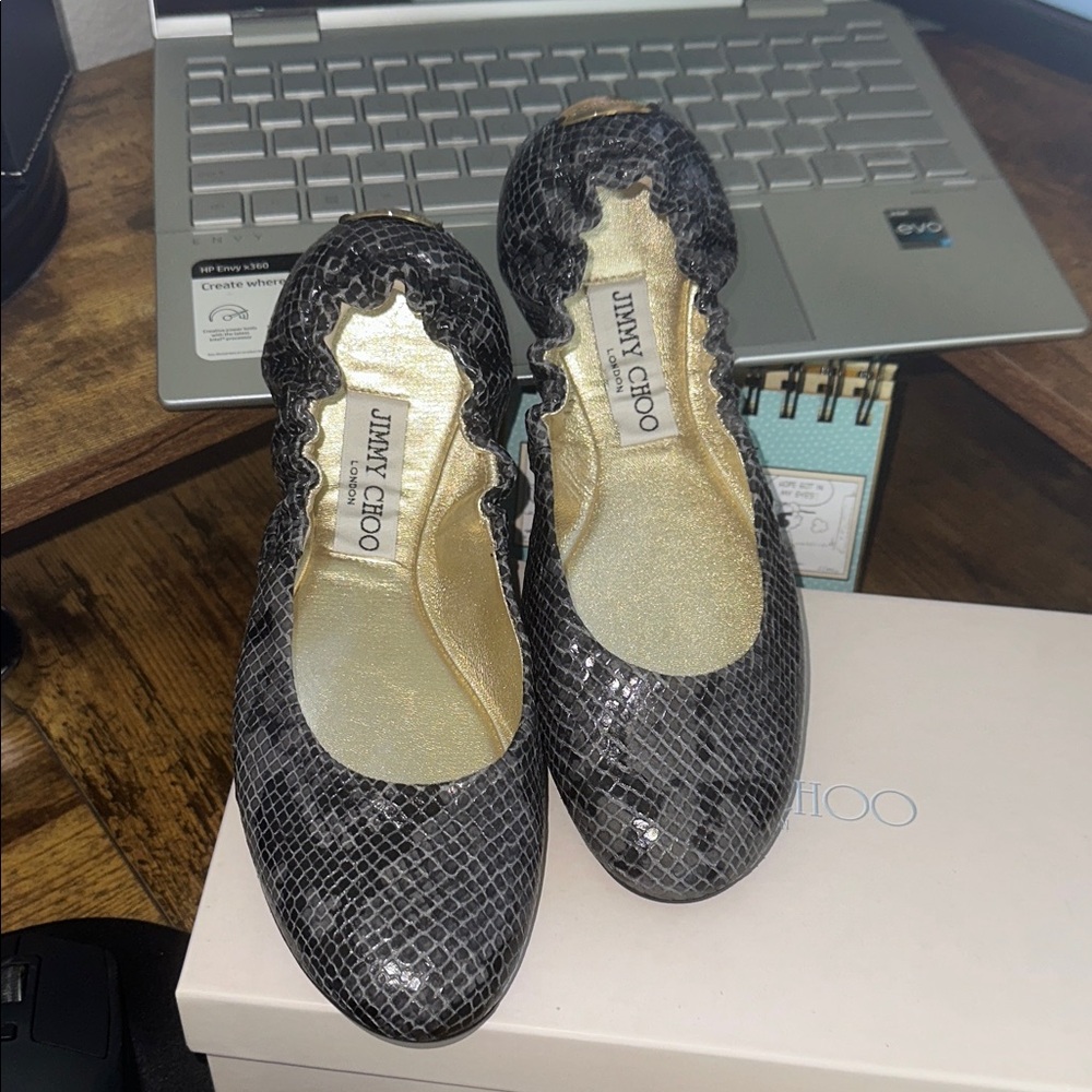 Jimmy Choo Black and Gold Snakeskin Flats